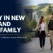 Indian student walking with her husband and school-age daughter on a New Zealand university campus - study in New Zealand with family