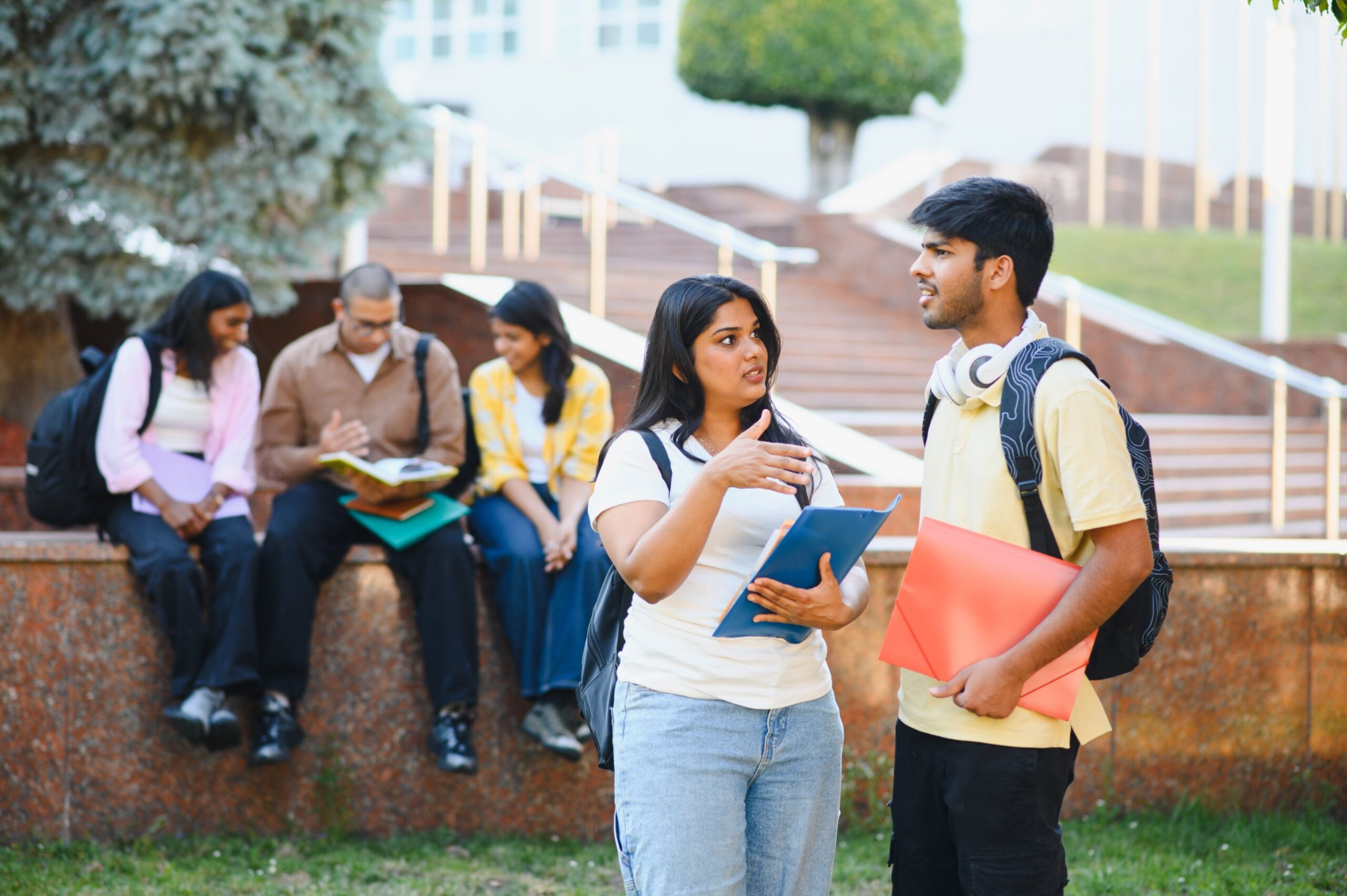 Indian students talking on a university campus